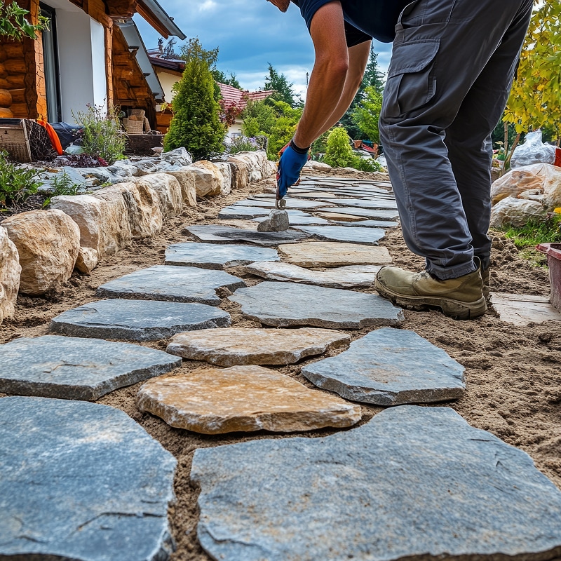 Homme posant des dalles en pierre naturelle sur un lit de sable pour créer un chemin de jardin. Aménagement paysager extérieur.