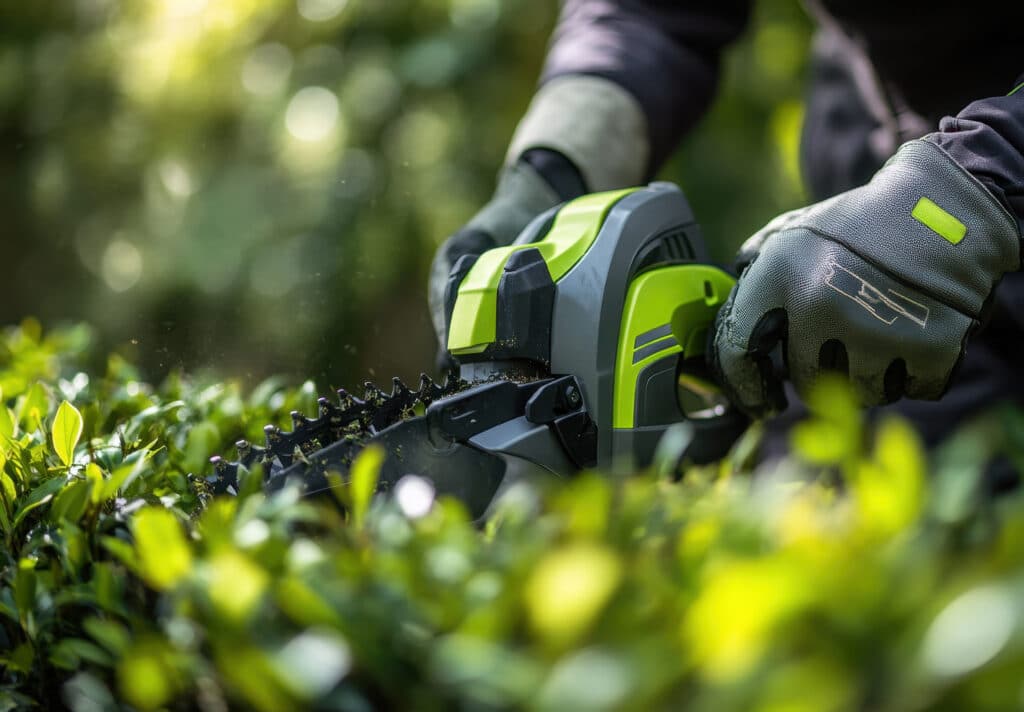 Des mains gantées manient un taille-haie électrique vert coupant une haie dense, des feuilles volent sous le soleil.