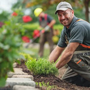 Jardinier souriant en casquette grise plante un arbuste vert dans un parterre. Un collègue désherbe en arrière-plan flou.