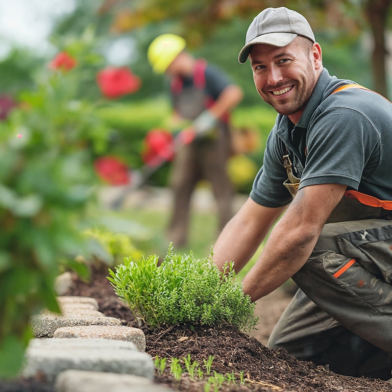 Jardinier souriant en casquette grise plante un arbuste vert dans un parterre. Un collègue désherbe en arrière-plan flou.